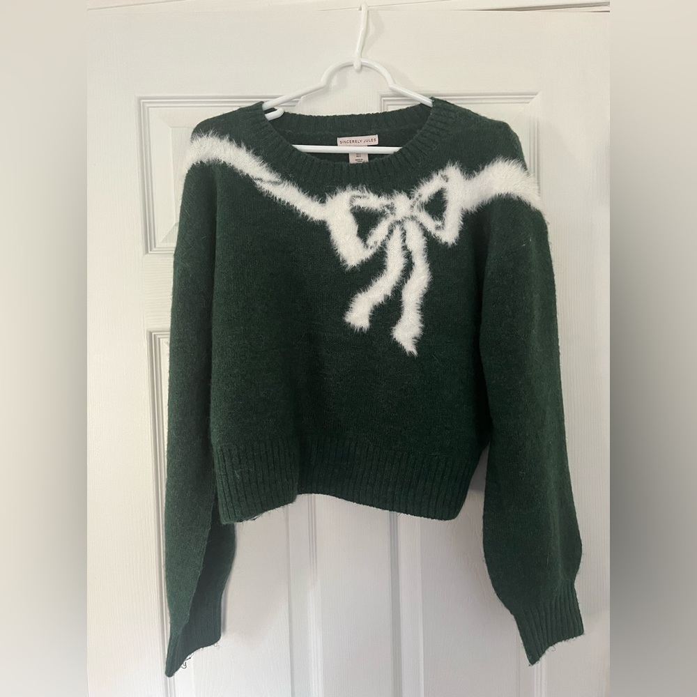 Sincerely Jules Fuzzy Sweater With White Bow Graphic